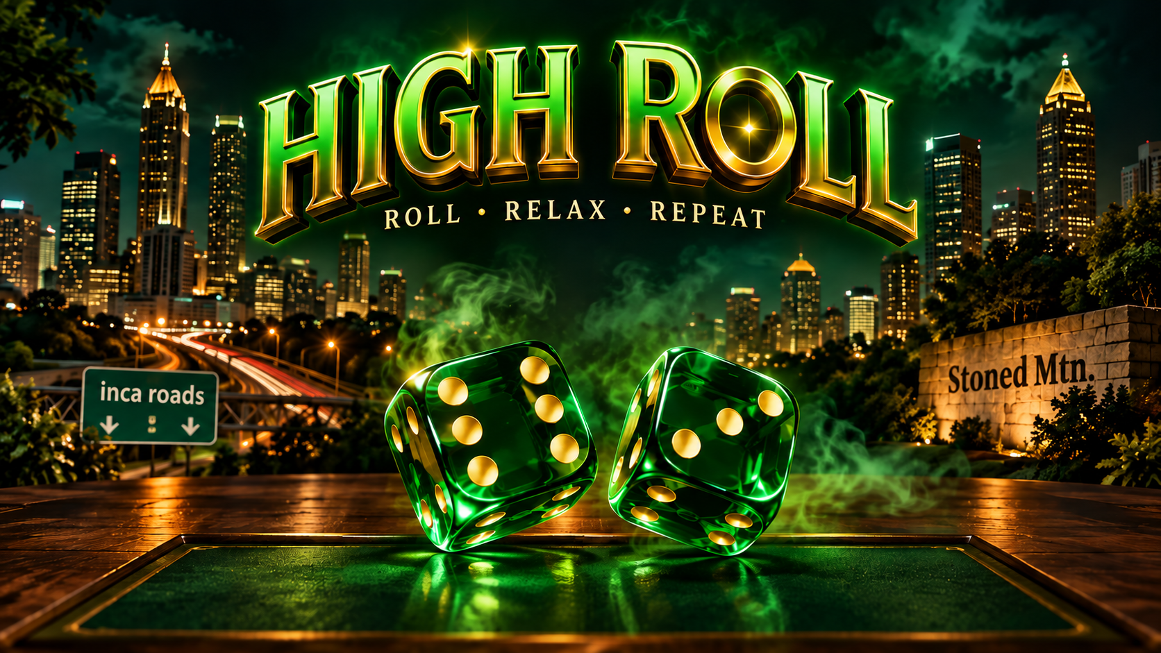 High Roll artwork with an Atlanta nighttime skyline, green and gold dice, a wooden tabletop, and green felt