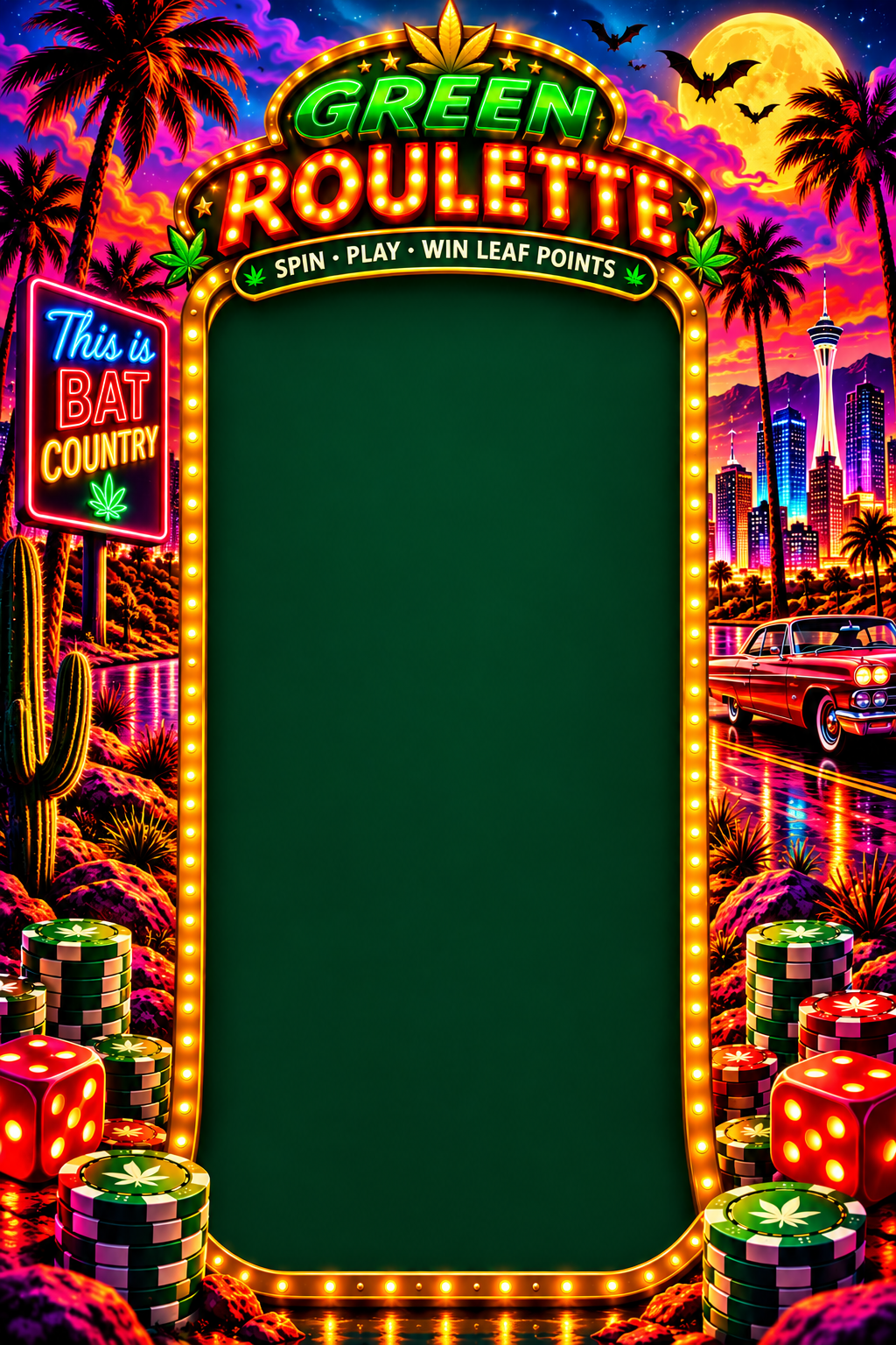 Green Roulette neon marquee framed by a psychedelic desert night scene