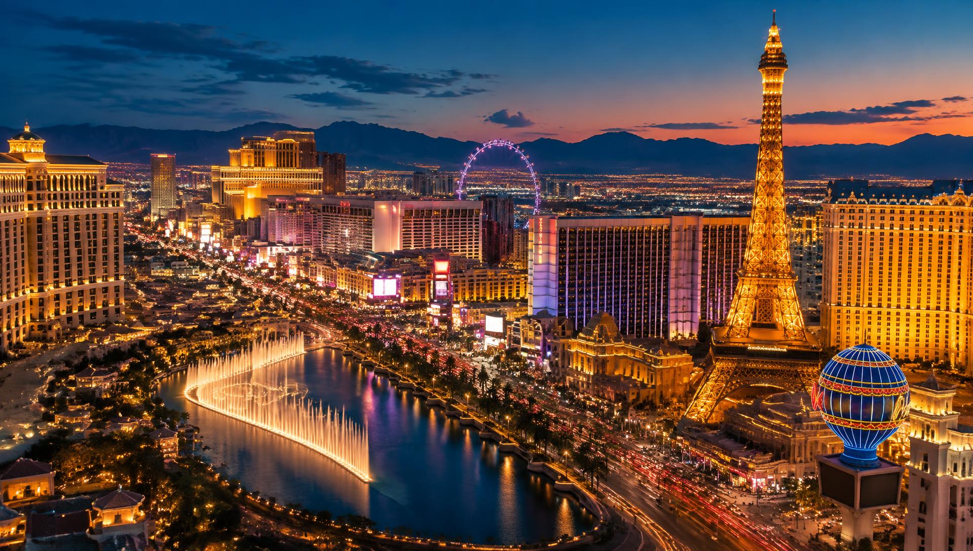 The Las Vegas Strip glowing at blue hour
