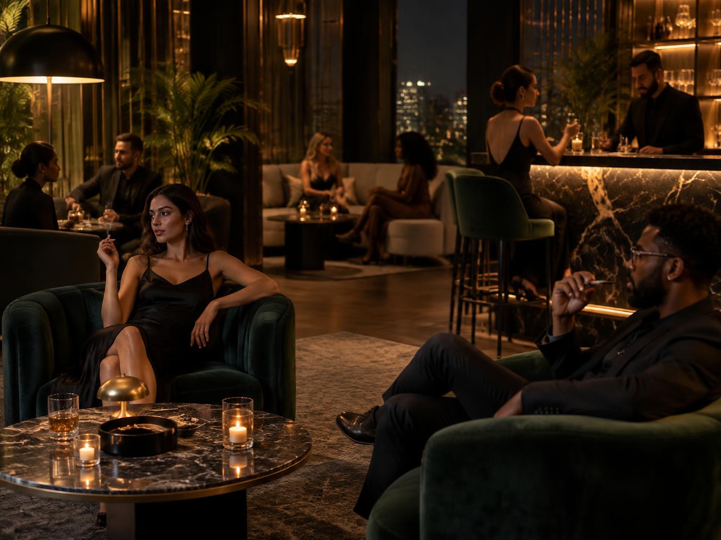 Illustrative photograph of a softly lit upscale lounge interior with velvet seating