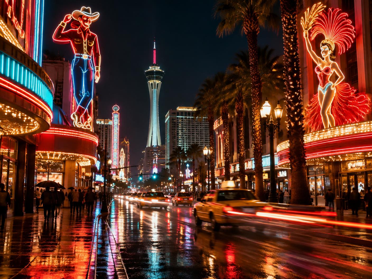 Neon signs and taxi light trails on a Las Vegas street at night