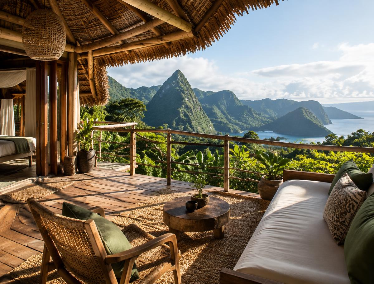 An open-air eco lodge overlooking tropical mountains