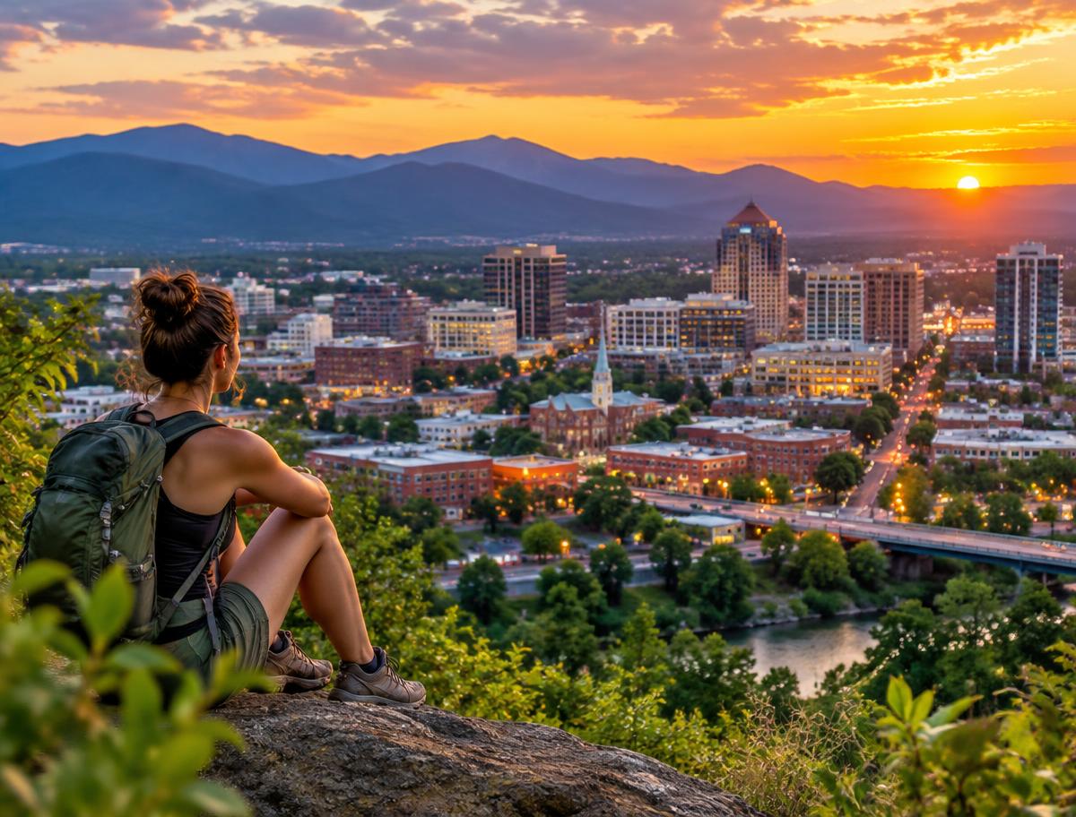 A traveler overlooking an American mountain city at sunset