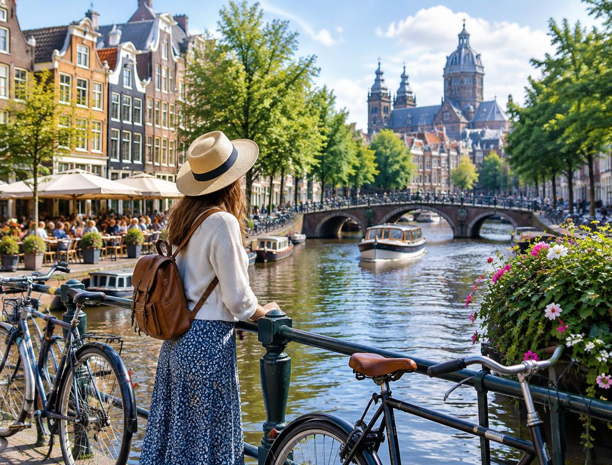 A traveler beside a canal in a European city