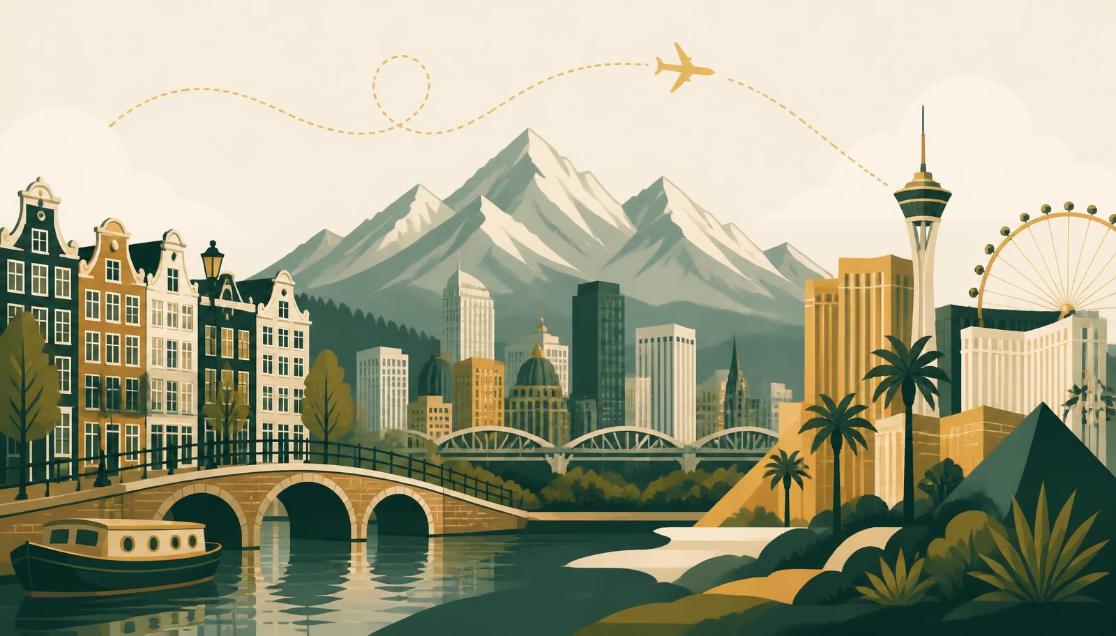 Illustration combining Amsterdam canal houses, the Colorado mountains and Denver skyline, and the Las Vegas skyline