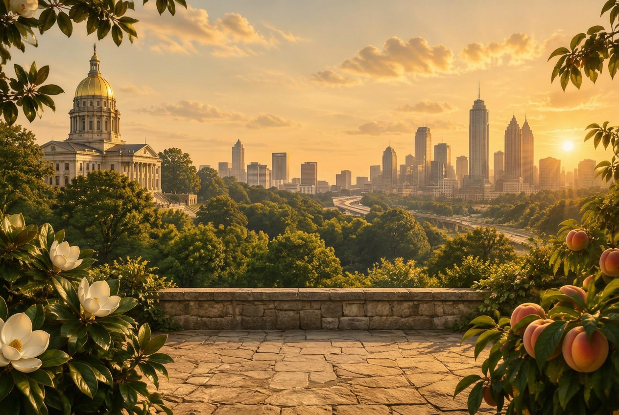 Atlanta skyline and the Georgia State Capitol at golden hour